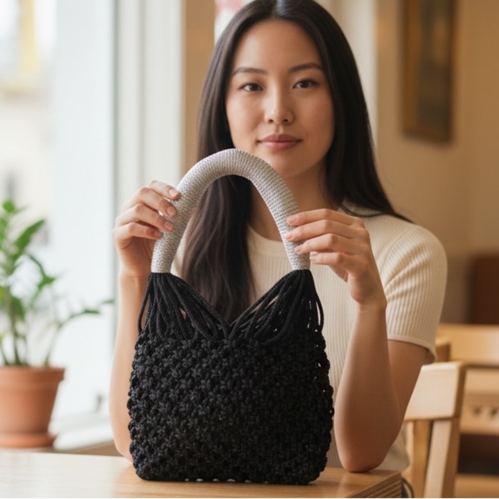 HANDMADE BLACK MACRAME TOTE BAG WITH WRAPPED HANDLE – BOHO CHIC STRUCTURED PURSE